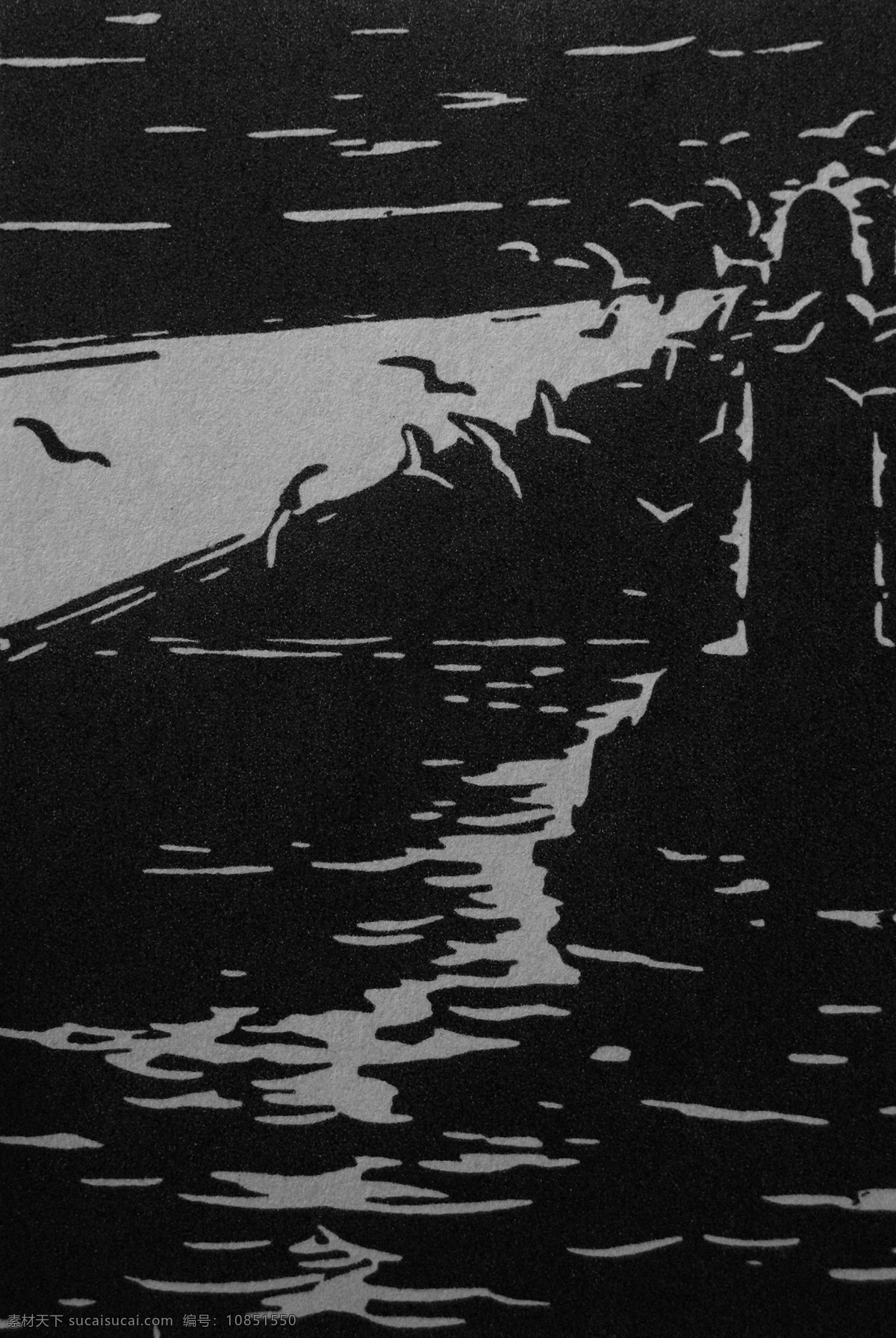 夜组画之一 木刻版画 法朗 士 麦绥莱勒 1953年 黑夜 夜晚 雕像 剪影 飞鸟 海水 海鸟 艺术 绘画 雕版 印刷 木刻 版画 作品 绘画书法 文化艺术