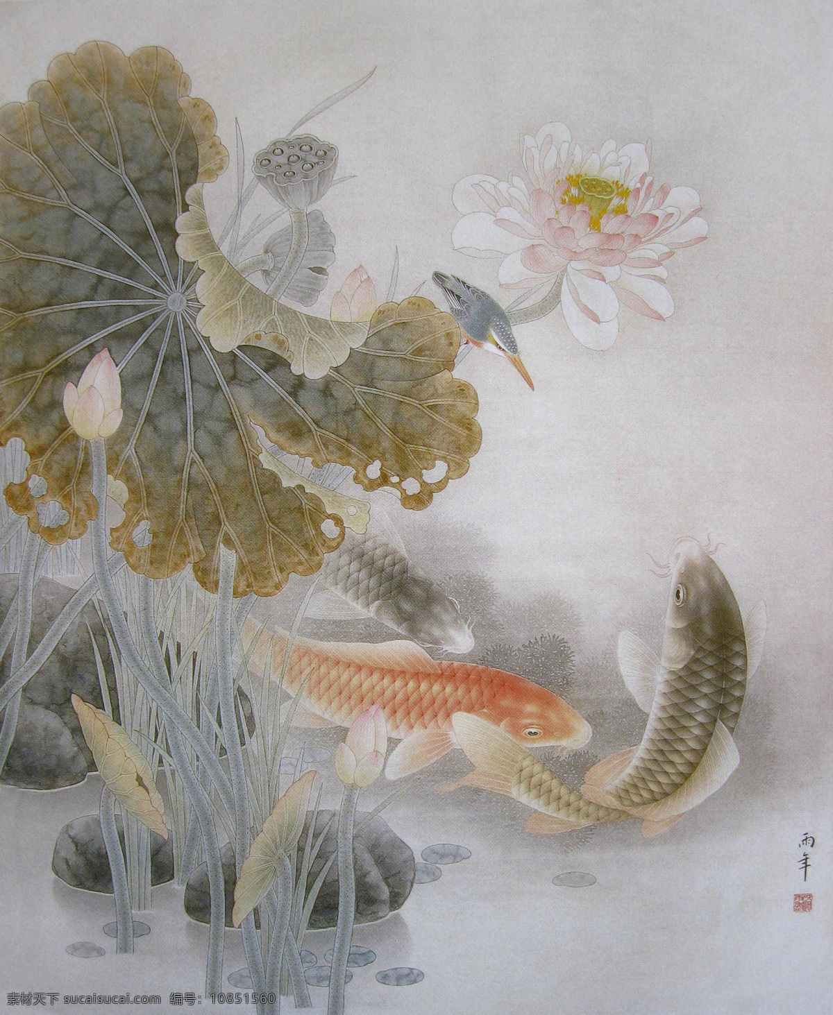 工笔花鸟画 工笔画 国画 中国画 工笔彩墨画 彩墨工笔画 大师作品 风景画 荷花 植物 荷叶 池塘 金鱼 动物 工笔荷花 绘画书法 文化艺术