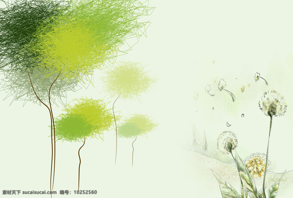 浪漫春季 风景 蒲公英 春色 线条 手绘 绿色 树 背景底纹 底纹边框