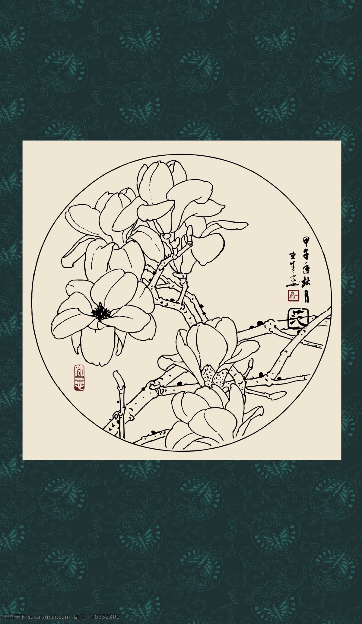 绘画 白描 线描 手绘 国画 轮廓 印章 书法 装裱 植物 花卉 花草 花鸟 工笔 写实 写生 毛笔画 昆虫 白描玉兰 文化艺术 绘画书法