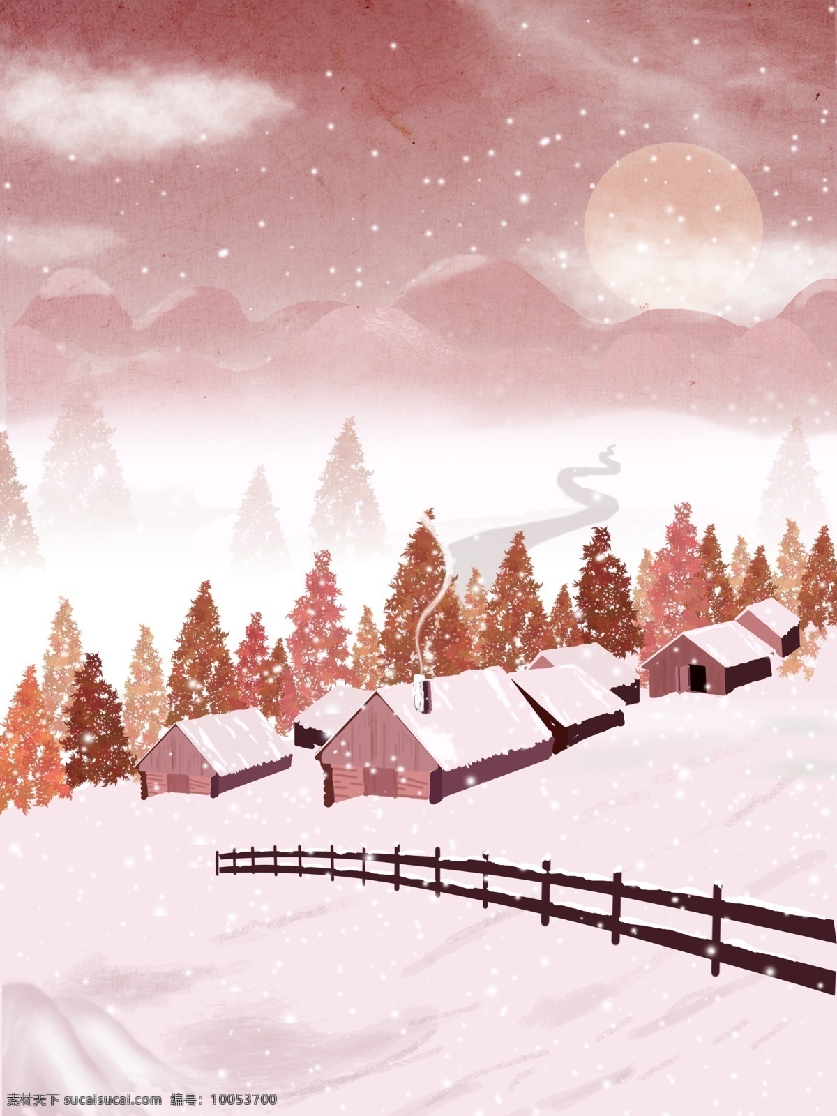 手绘 冬天 里 雪屋 背景 树林 夜空 月亮 冬天快乐 冬季 冬天早晨 背景素材 广告背景素材