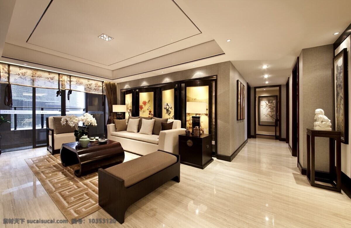 现代 大 户型 清亮 客厅 瓷砖 地板 室内装修 效果图 卧室装修 瓷砖地板 木制茶几 深色沙发