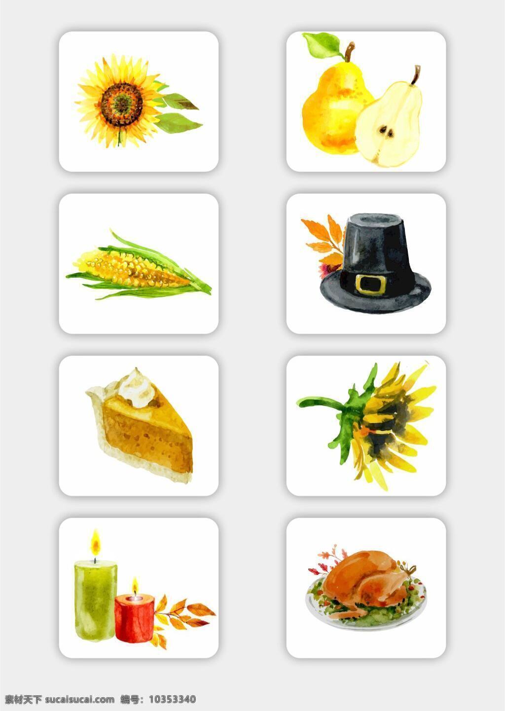 款 彩绘 感恩节 元素 烤火鸡 蜡烛 帽子 奶酪 食物 玉米