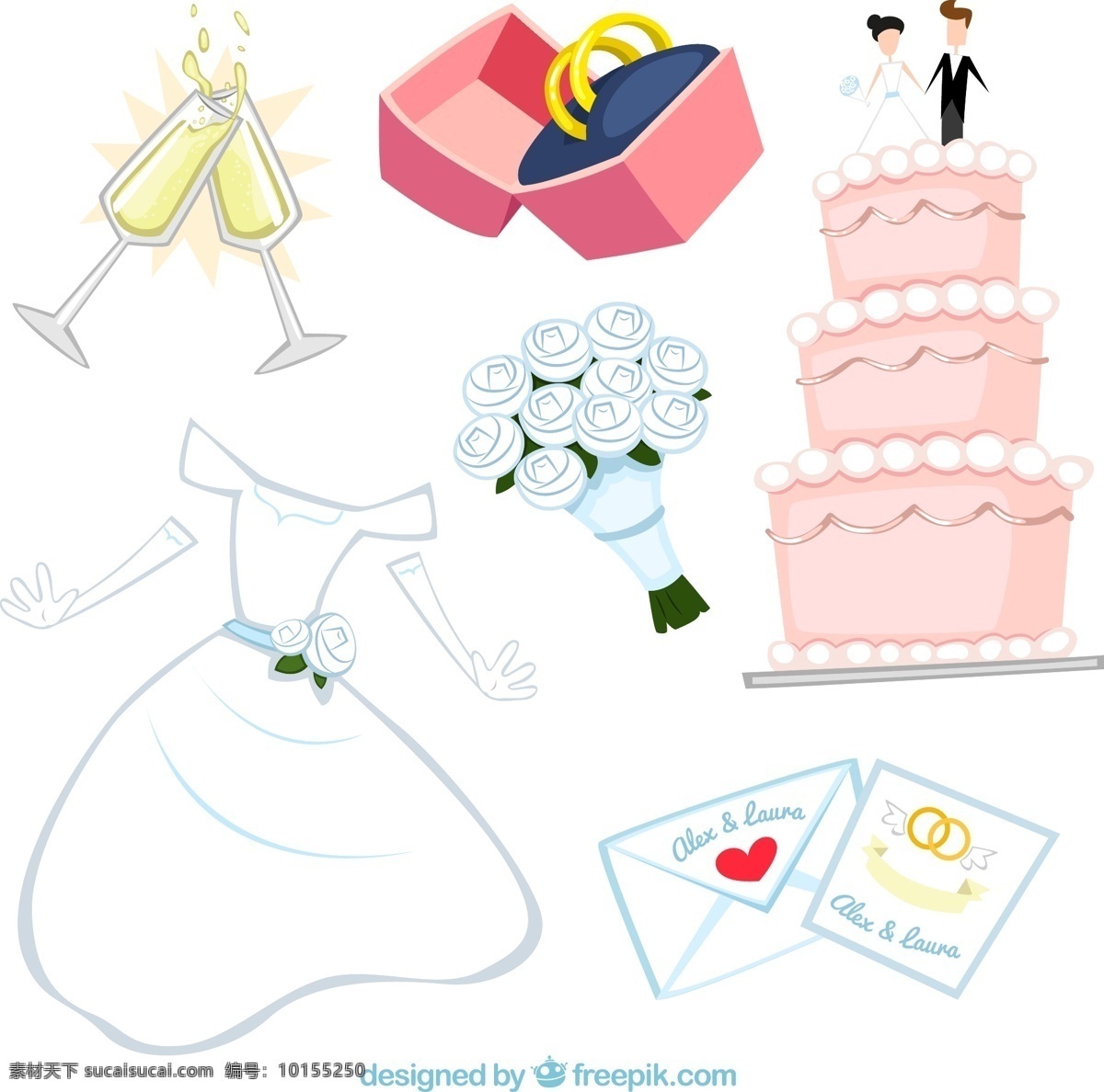 卡通婚礼元素 婚庆 婚纱 蛋糕 白玫瑰 戒指 香槟 贺卡 矢量素材 白色