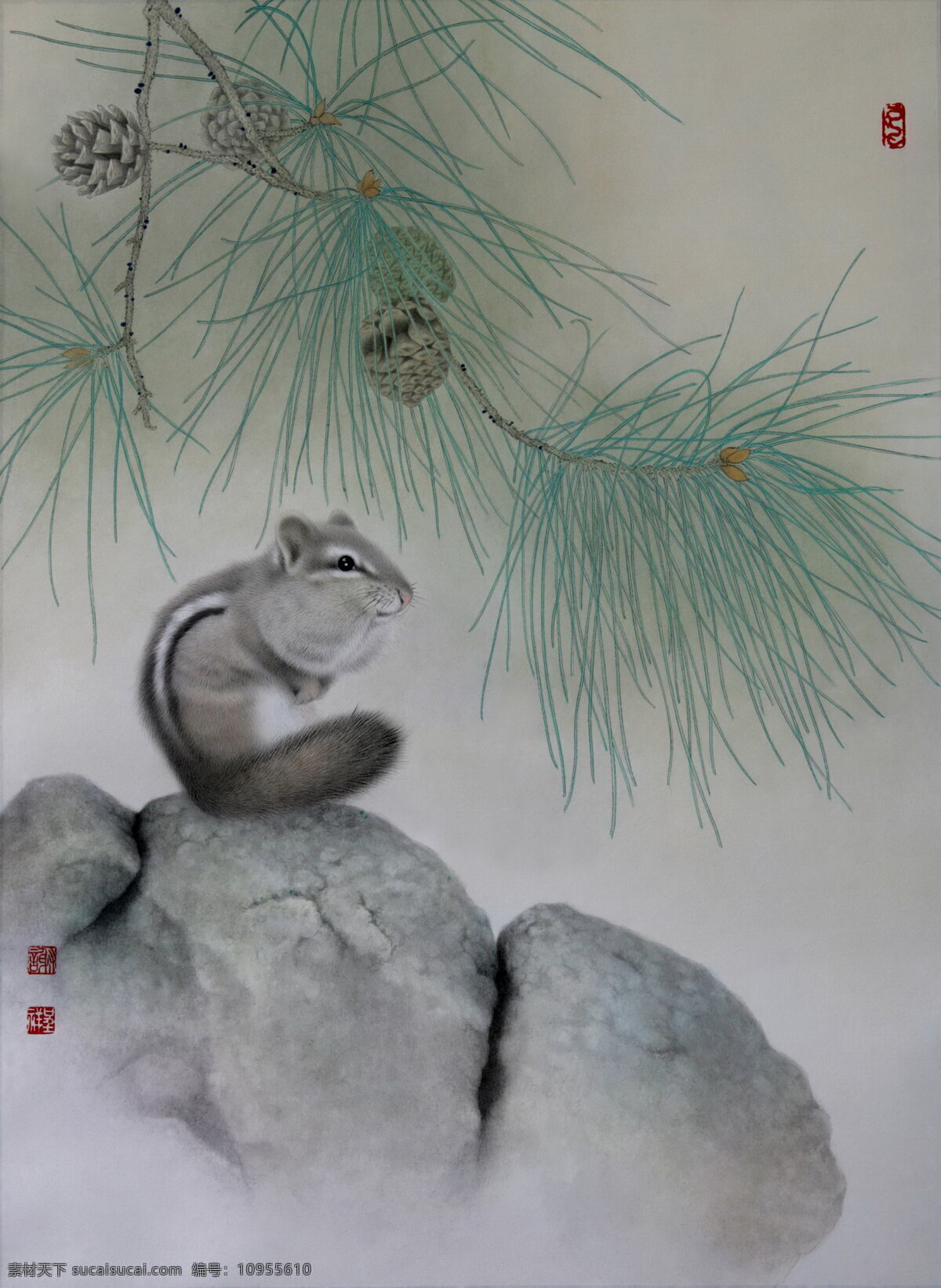 谢 呈祥 工笔画 作品 艺术 绘画 动物 松鼠 松树 坚果 岩石 绘画书法 文化艺术