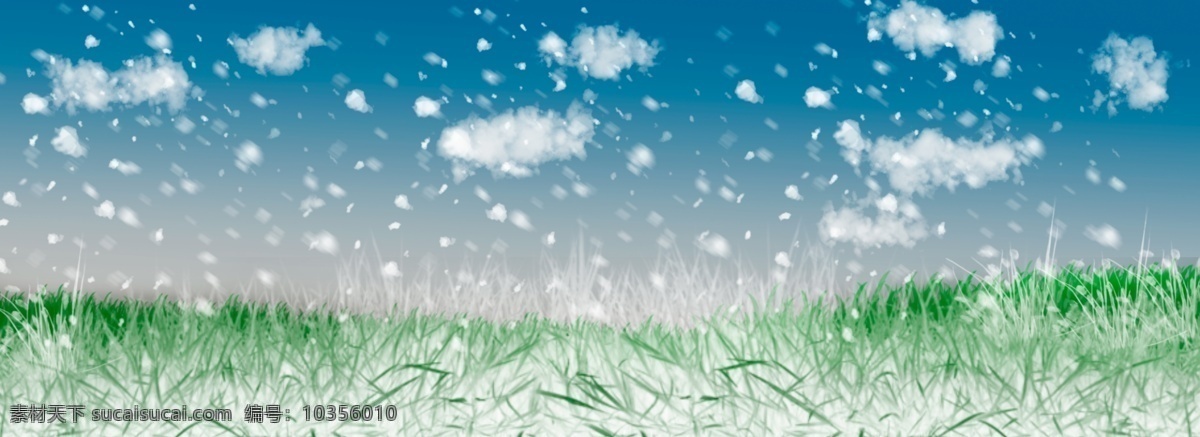 原创 手绘 下雪 草地 上 蓝天 白云 雪天 雪地
