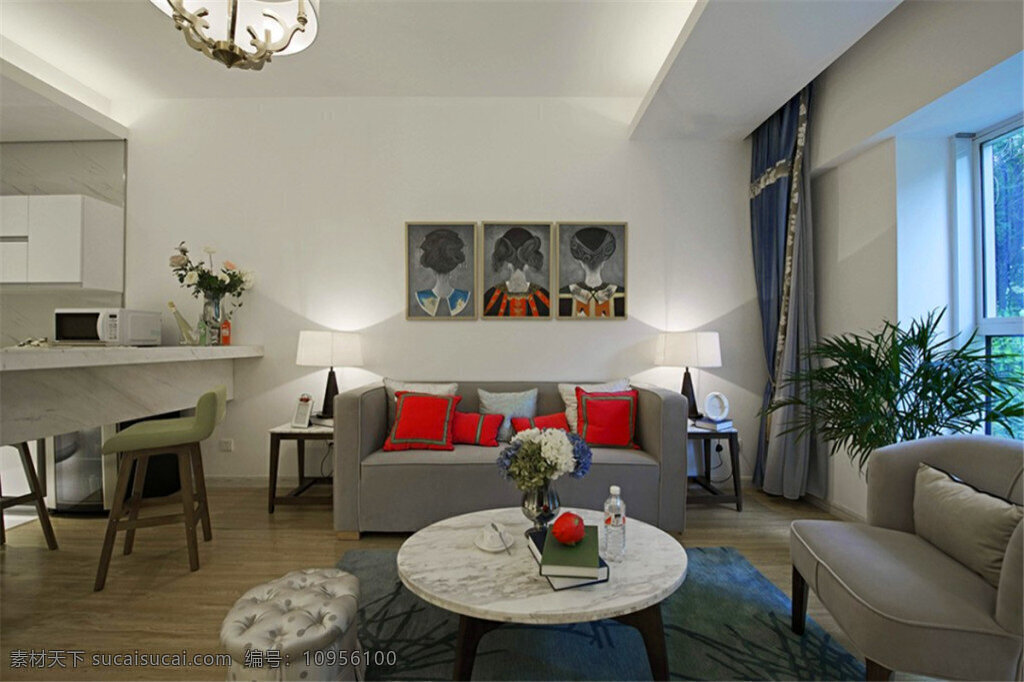 现代 简约 客厅 白色 圆形 茶几 室内装修 效果图 客厅装修 木地板 白色茶几 深蓝色地毯