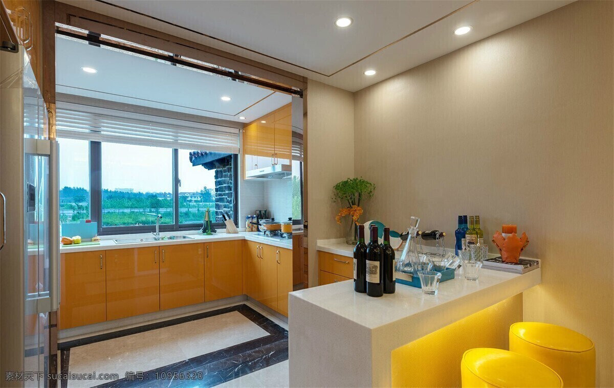 吧台 玻璃杯 黄色座椅 绿植 喷头 射灯 室内装修 雅致 舒适 厨房 装修 效果图
