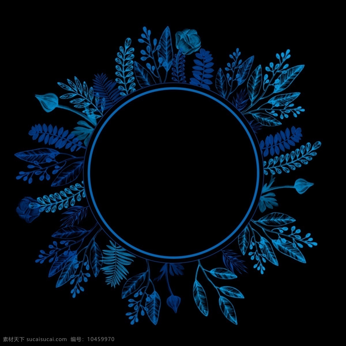 黑色 底 圆形 植物 背景 植物边框 banner 线稿图 花卉装饰画 蓝色边框