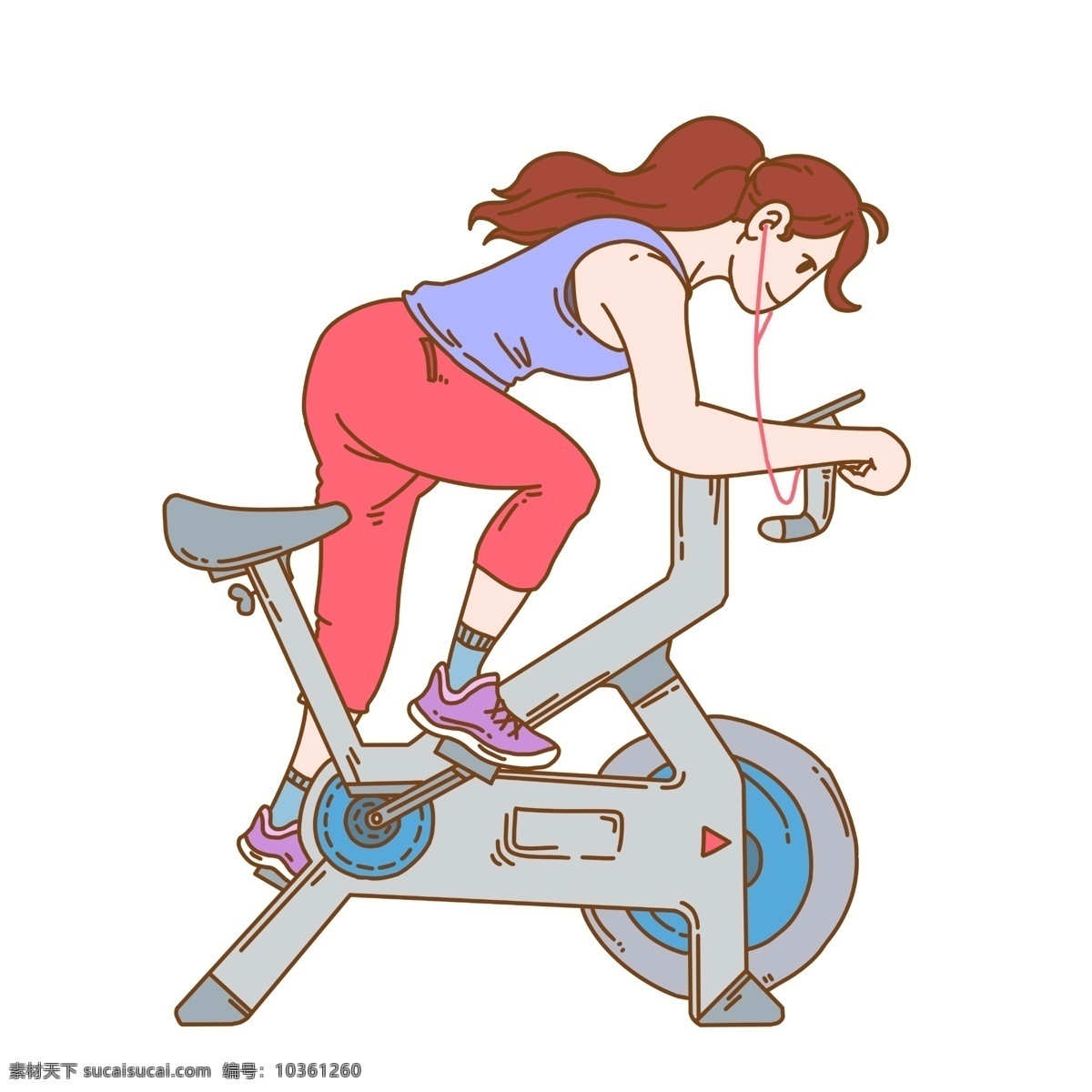 健身 卡通 手绘 插画 健身房 运动 塑身 健康 运动鞋 自行车 运动单车 耳机 音乐 健美 手绘插画 美女