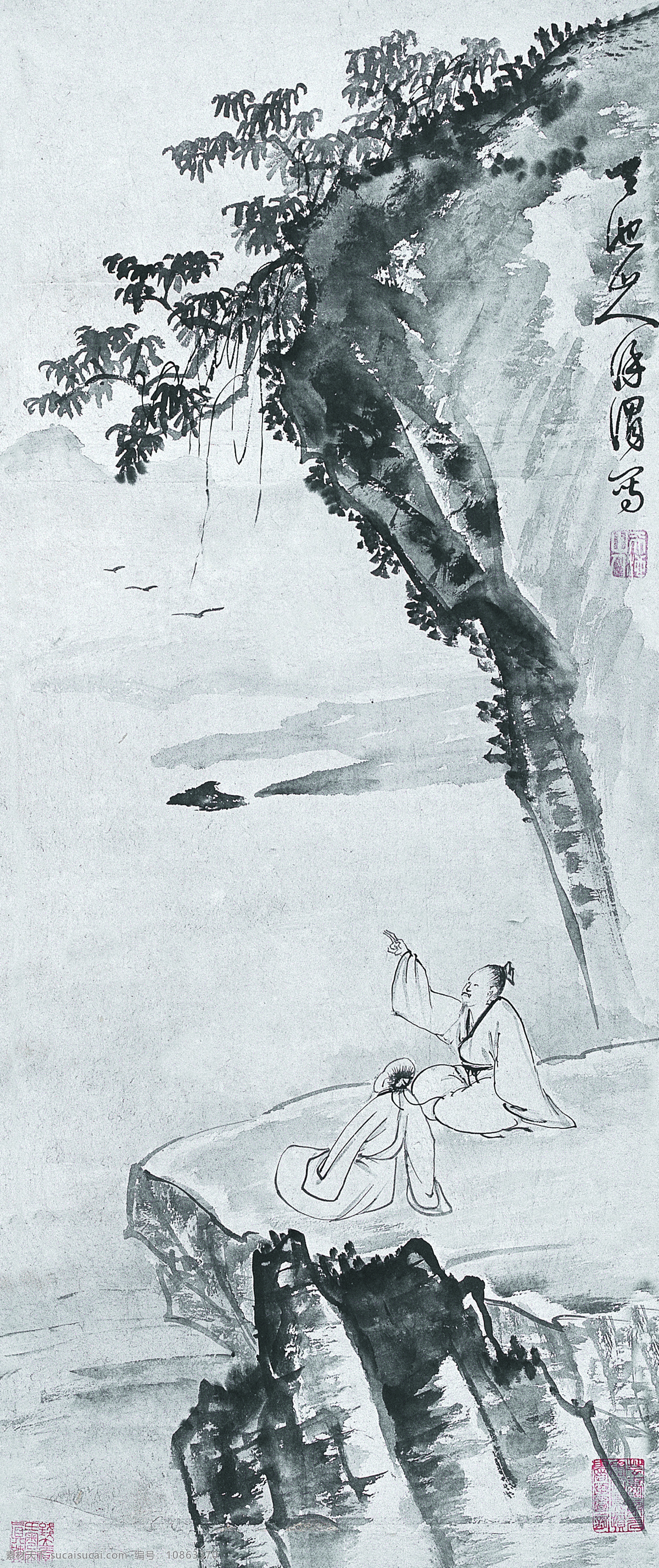 坐在 山顶 上 人物 水墨画 名画 水墨花卉植物 国画 中国画 绘画艺术 装饰画 挂画 书画文字 文化艺术