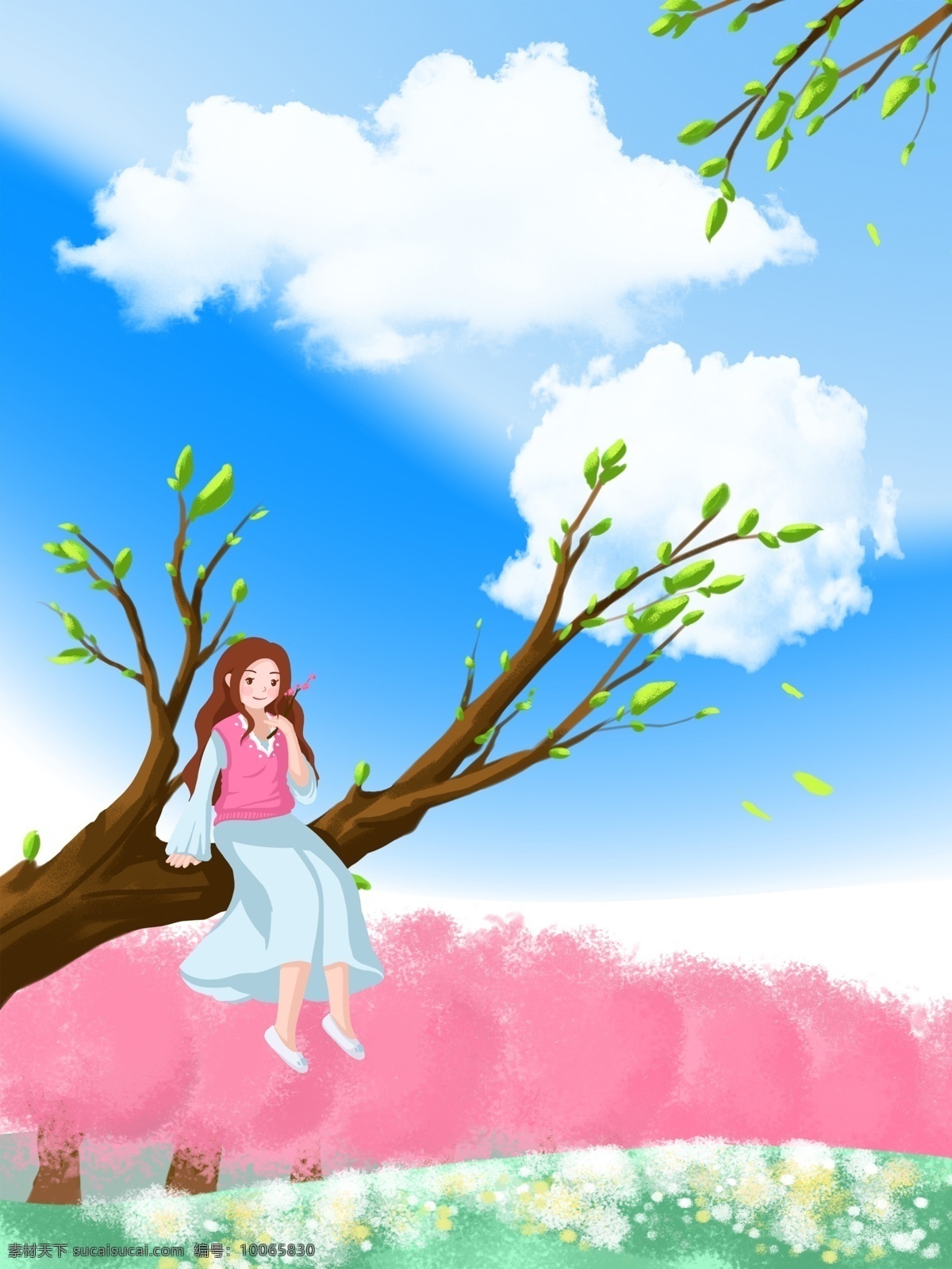春季 手绘 郊外 女孩 背景 桃花林 树要 蓝天 白云 春天