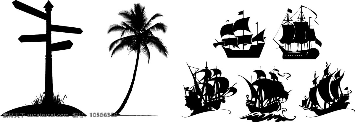 路牌 椰树 帆船 剪影 图标 其他矢量 矢量素材 矢量图库