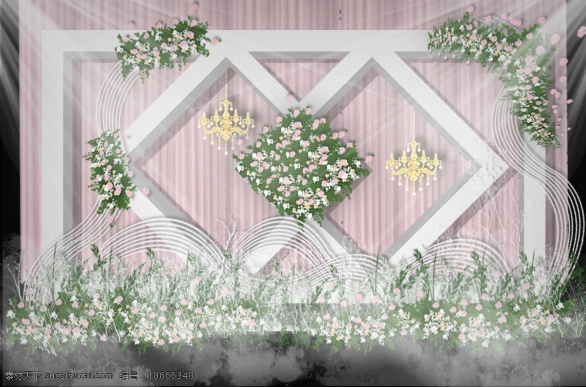 粉色 婚礼 迎宾 区 效果图 花艺 几何 吊灯 迎宾区 布幔