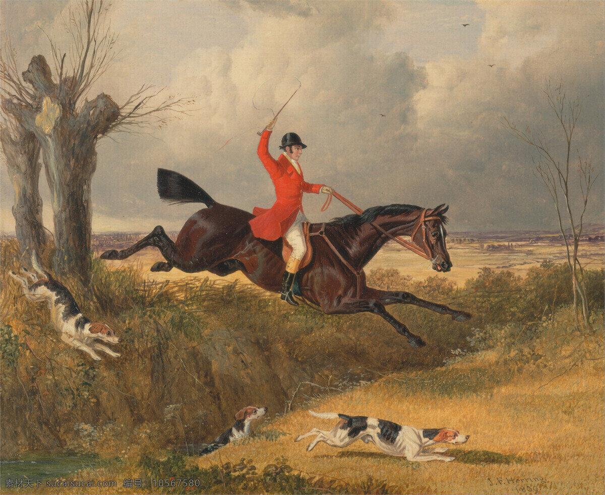 绘画书法 文化艺术 油画 清沟猎狐 打猎 猎狗 策马 打猎者 越沟 约翰 弗雷德 瑞克 赫林 19世纪油画 家居装饰素材