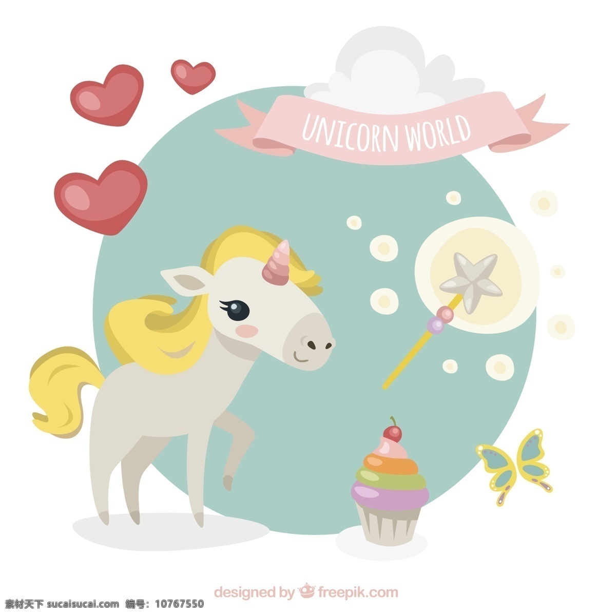 卡通 金色 鬓毛 独角兽 矢量 爱心 魔法棒 蝴蝶 纸杯蛋糕 动物 气泡 童话
