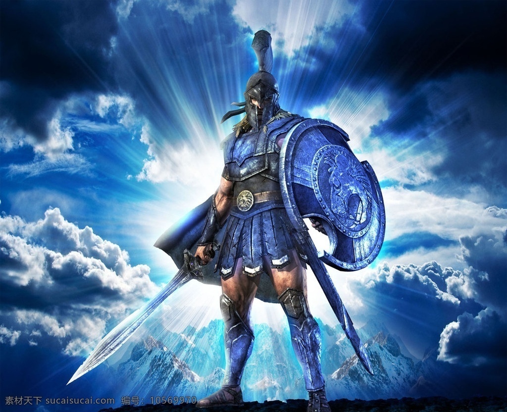 远古战士 盾牌 战士 武士 罗马 战神 剑 蓝色 乌云 战争 游戏 铠甲 分层 源文件