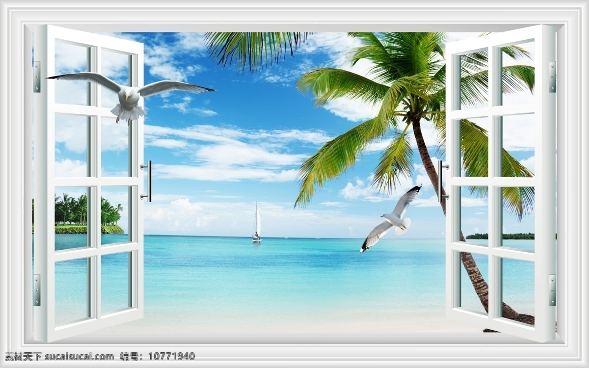 窗外海景椰树 窗户 大海 椰树 小岛 鸟 蓝天 白云 自然 风景 背景墙 分层