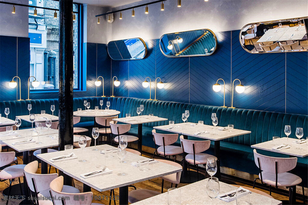简约 咖啡厅 蓝色 墙壁 装修 效果图 白色灯光 白色射灯 窗户 方形餐桌 方形吊顶 木地板 桌椅