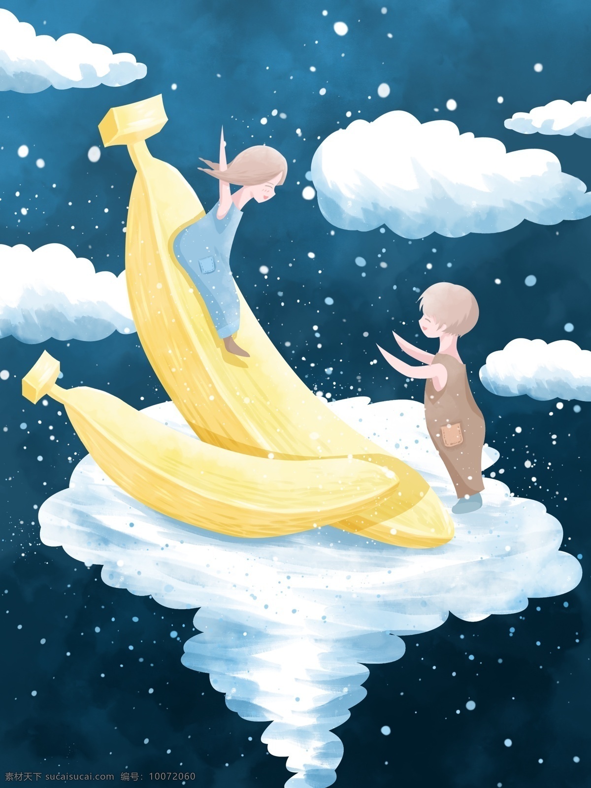 创意 水果 插画 香蕉 滑梯 上 小朋友 云 星空 可爱 清新 壁纸 创意水果 男孩 女孩 滑滑梯 治愈 水彩 背景