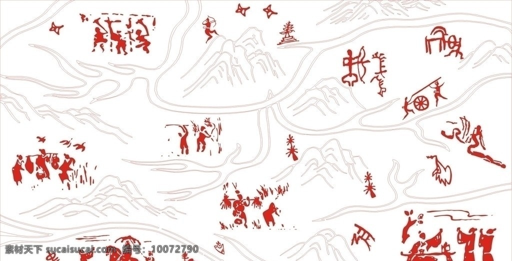原始文化 岩画 人物 图腾 山 线条 动物 矢量 马车 打猎 传统文化 文化艺术