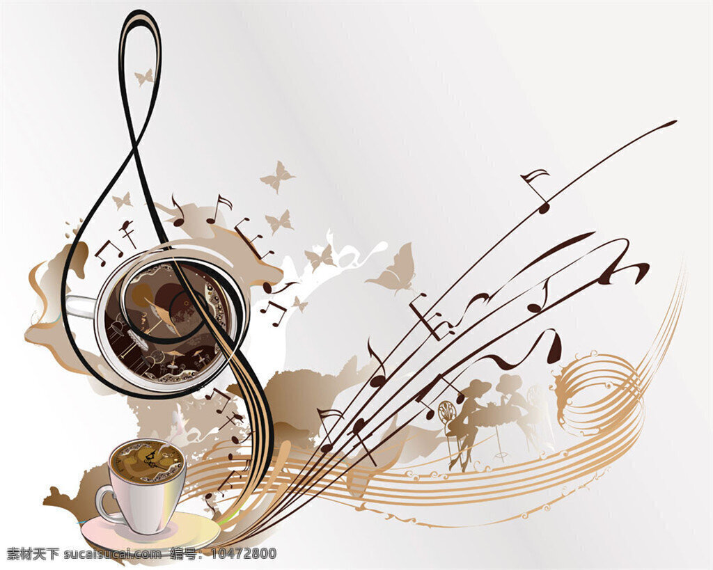 咖啡和音乐符 咖啡 咖啡杯 音乐 音符 音乐符 创意音符 矢量 音浪