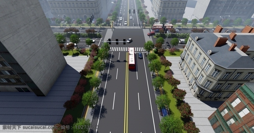 双向 四 车道 效果图 道路效果图 双向四车道 公路效果图 城市道路效果 十字路口 十字路效果图 效果图设计 3d设计