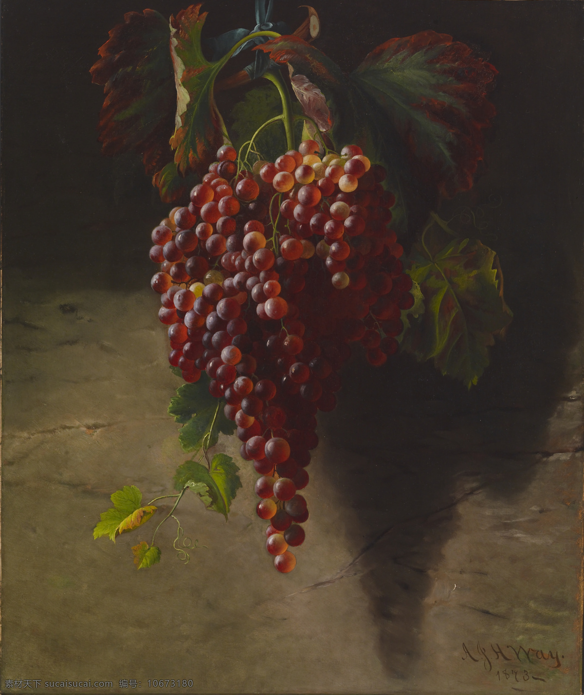 静物水果 墙边 一串红葡萄 果香 秋收 丰收季节 19世纪油画 油画 文化艺术 绘画书法