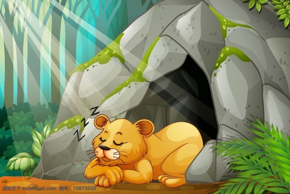 趴在 洞口 的卡 通 狮子 卡通狮子 睡觉的狮子 卡通动物漫画 动物插画 动物图片