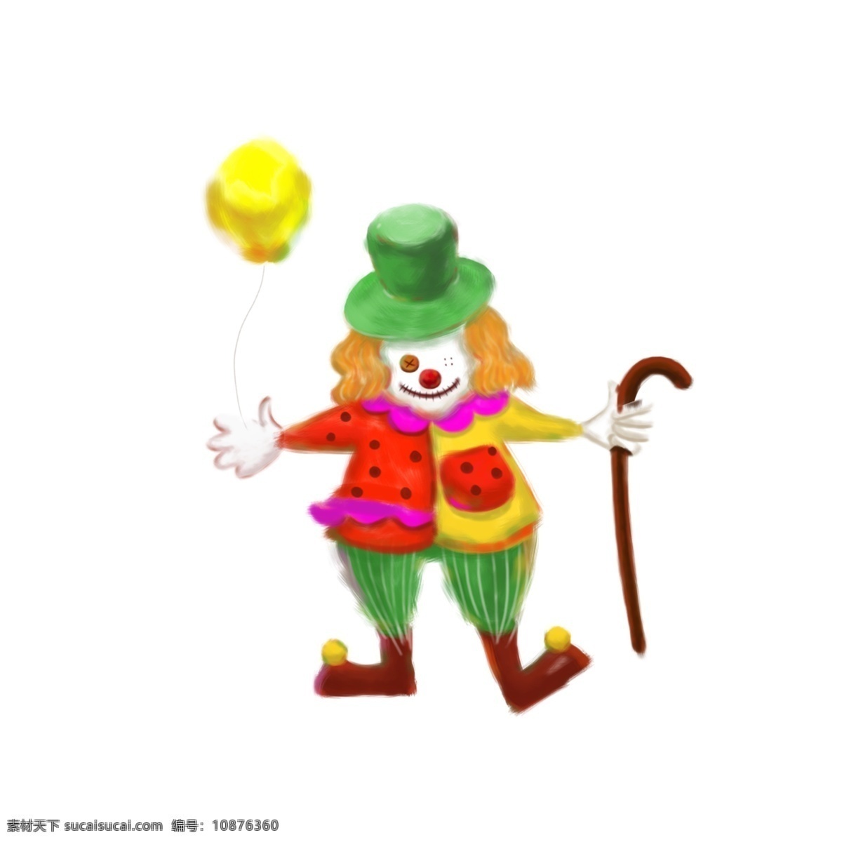 手绘 儿童节 卡通 气球 小丑 儿童 卡通形象 矢量 免抠 童年 黄色 红色 拐杖 绿色 帽子