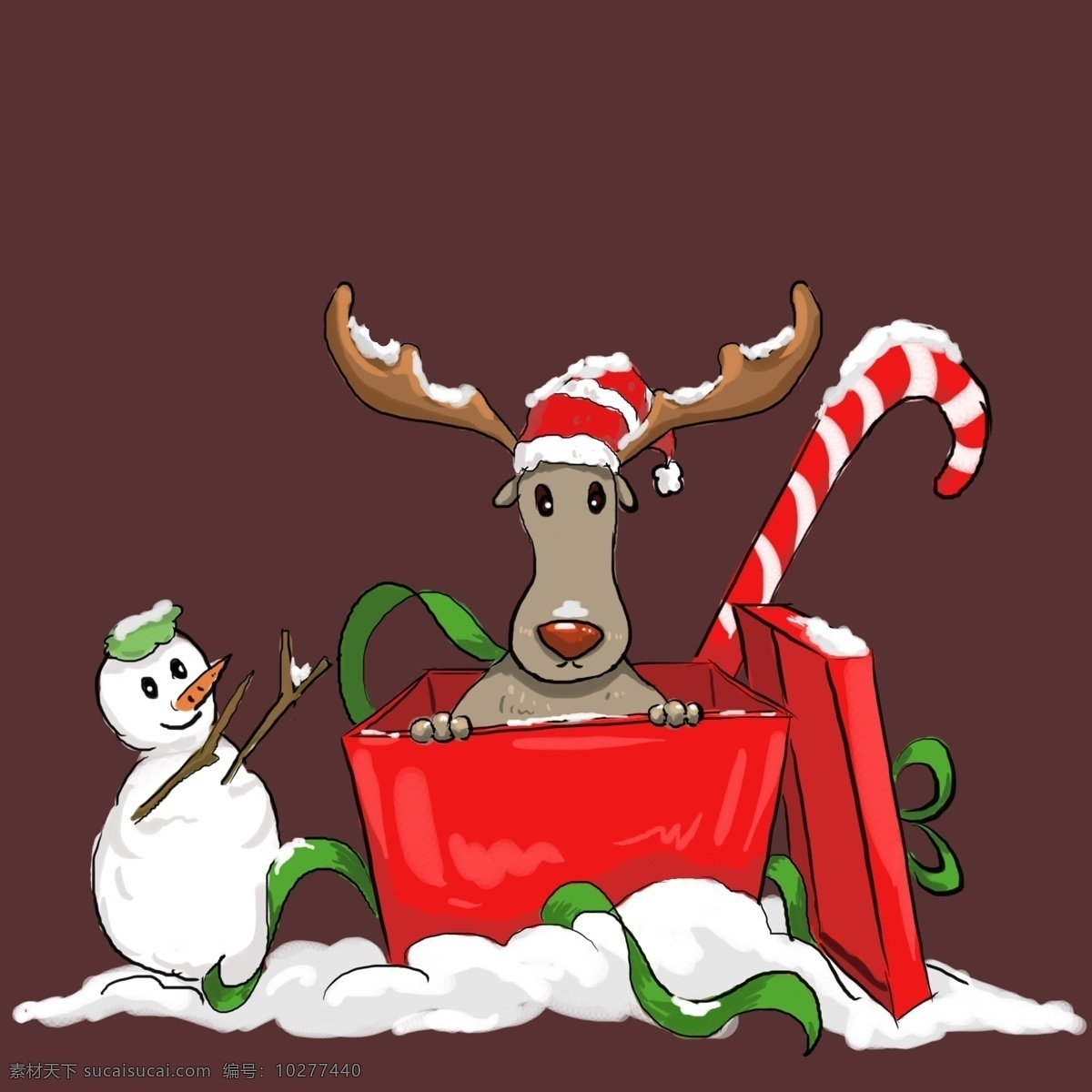 圣诞节 麋鹿 雪景 场景 元素 礼物盒 拐棍糖 圣诞帽 雪人 雪地