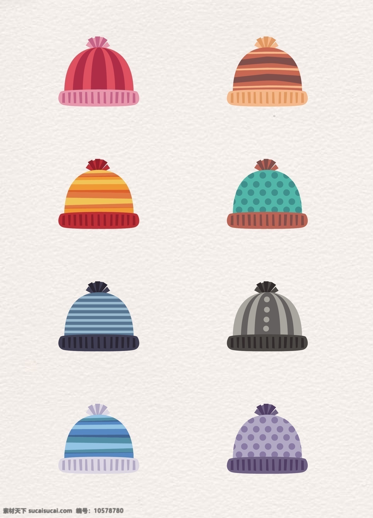 复古 花纹 毛线帽 冬季 配饰 矢量图 彩色 手绘 棉帽