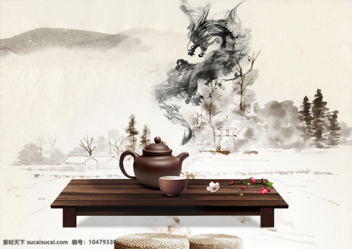 茶道 茶壶 茶杯 茶 荷花背景 中国风底图 桌子 茶桌