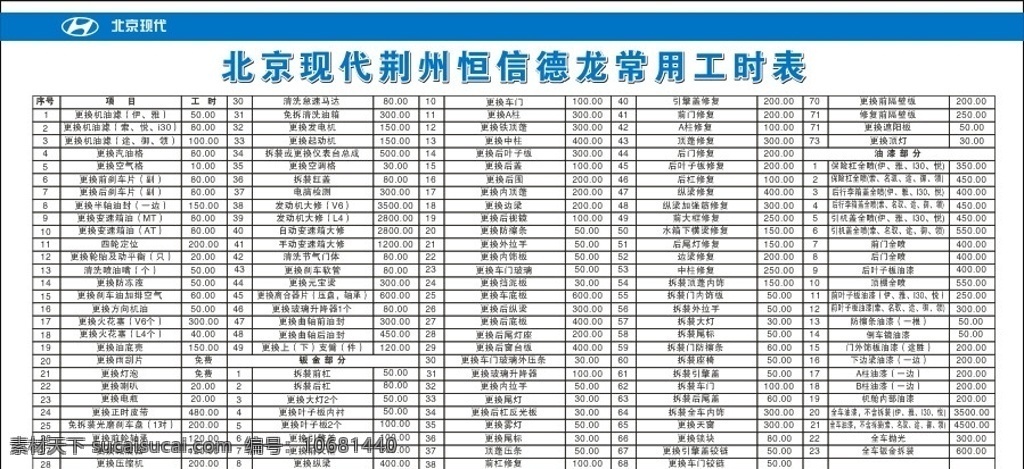 工时价格表 北京现代 工时表 价位表 矢量