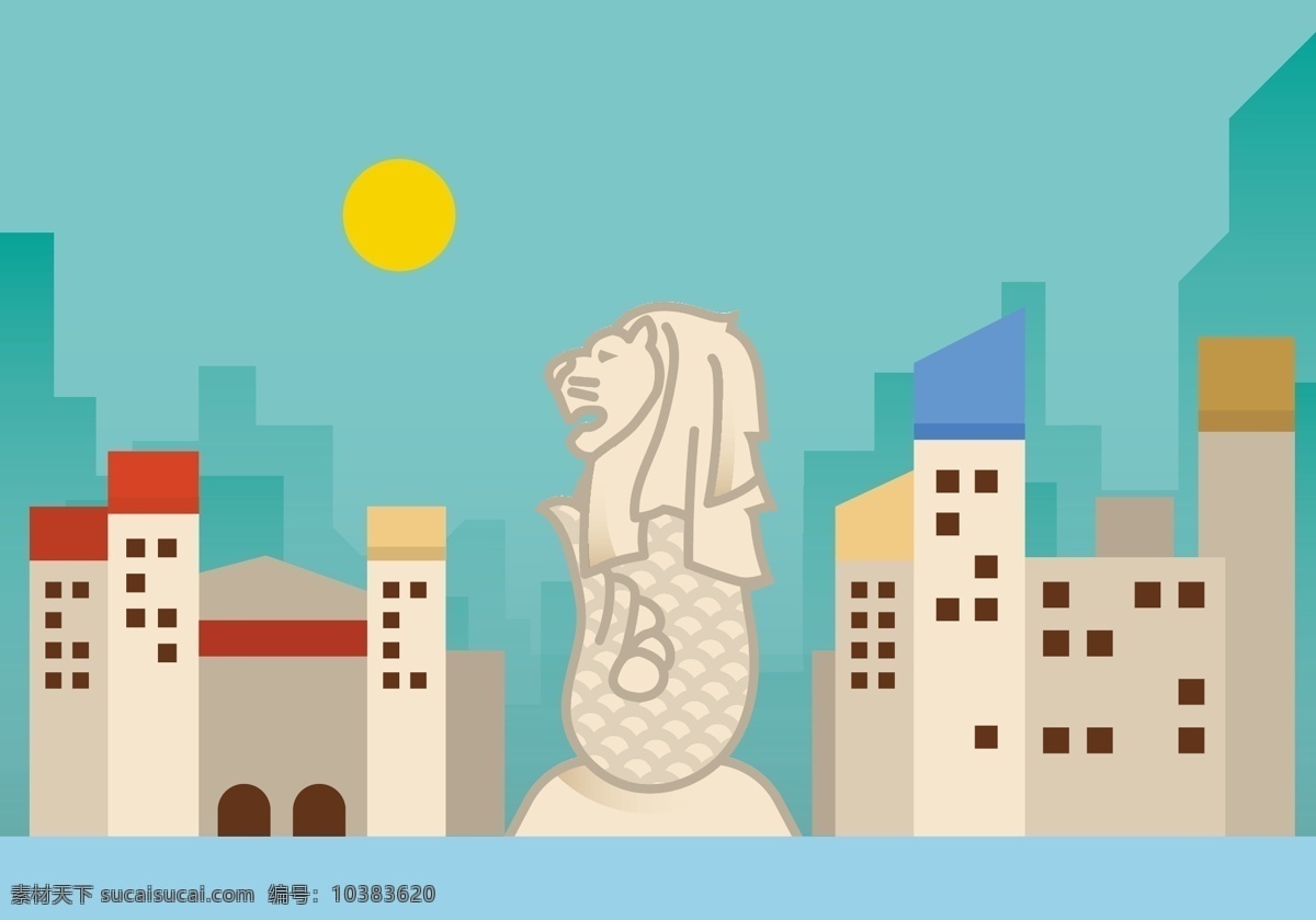 扁平 鱼尾狮 矢量 背景 新加坡市地标 亚洲 图标 旅行 符号 建筑 收藏 水 湾 雕像 著名的国家 企业 城市 地方 民族 东南亚 经济 国家 人物 天际线