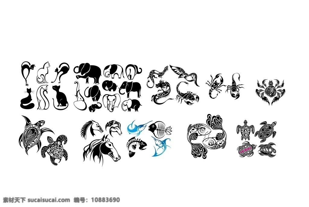手绘动物鱼 乌龟 马 大象 黑白 单色 动物素材 动物背景 漫画