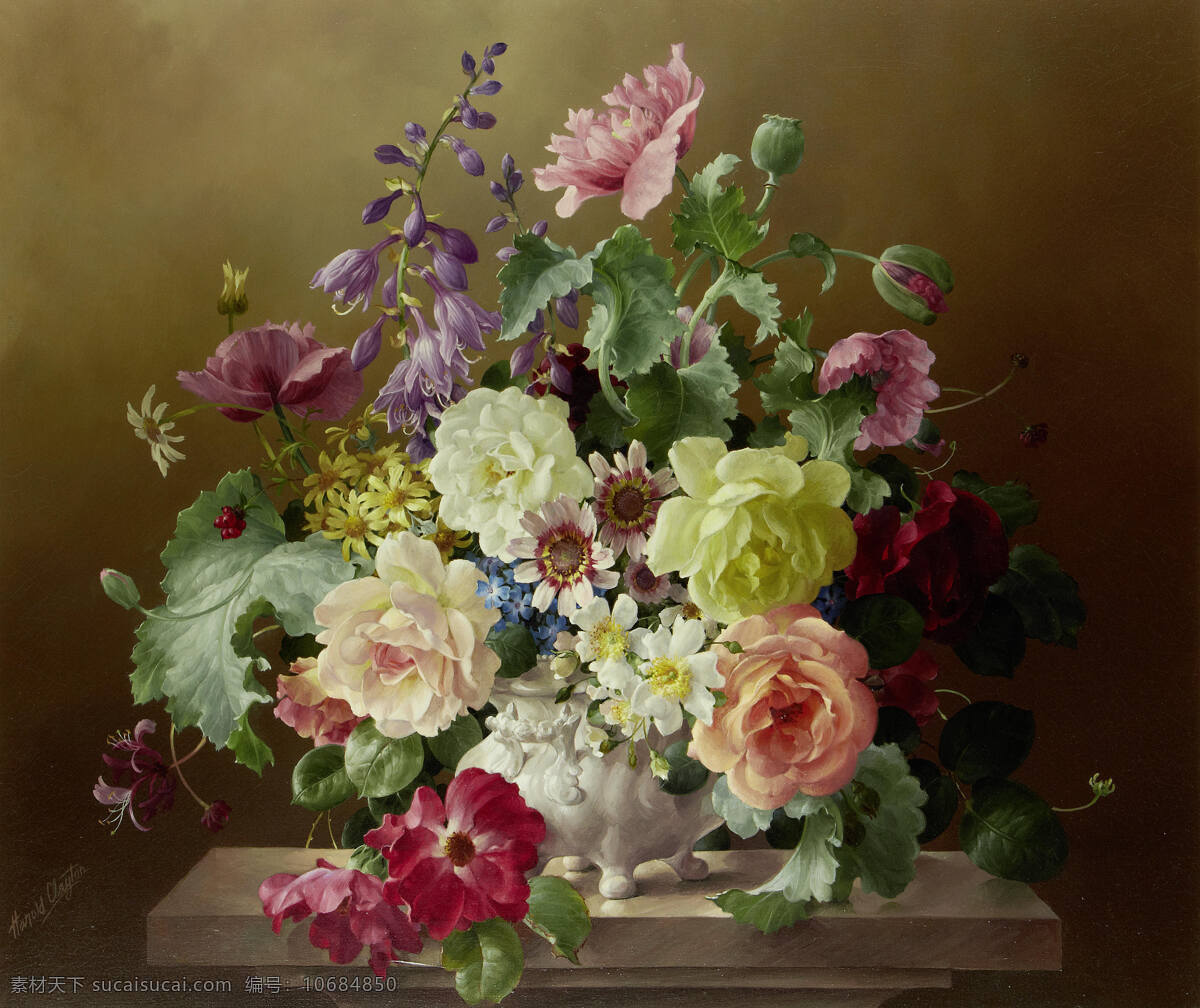 静物鲜花 塞西尔 甘乃迪 作品 混搭鲜花 白色瓷花瓶 台子上 20世纪油画 油画 绘画书法 文化艺术