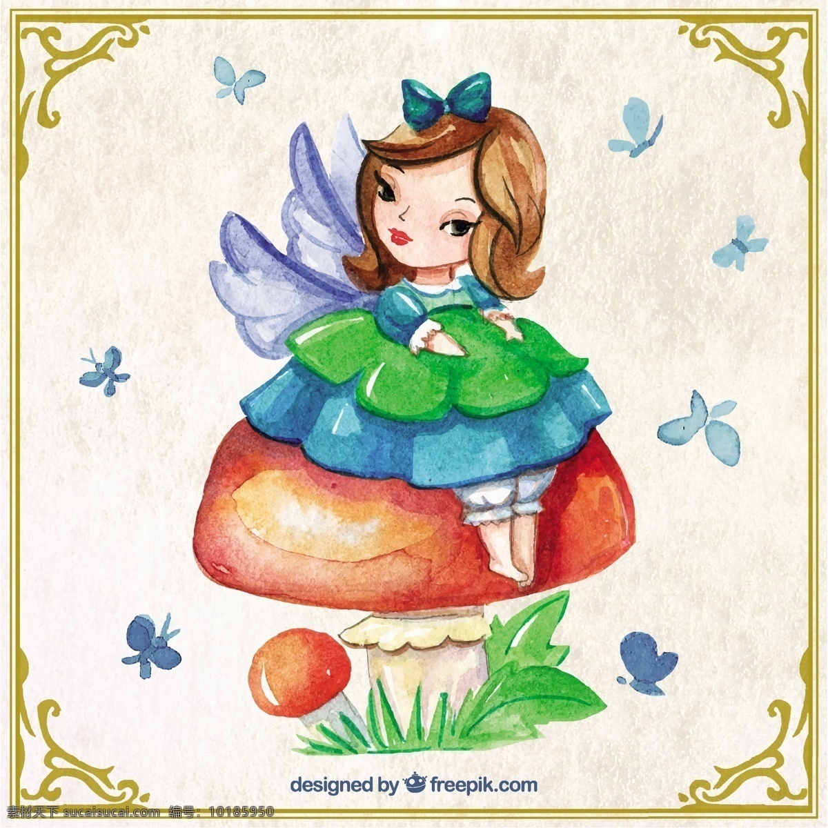 蘑菇 上 可爱 仙女 水彩 手 创意 梦想 童话 创造力 人物 幻想 想象 手绘 绘画 故事