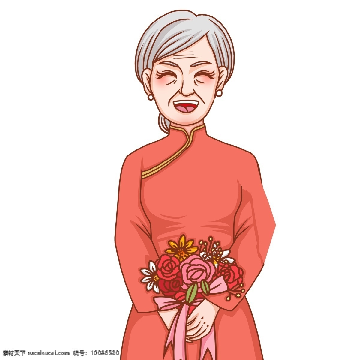 手绘 束 花 漫画 老奶奶 中国风 气泡 鲜花 妇女节 插画 人物 微笑 慈祥