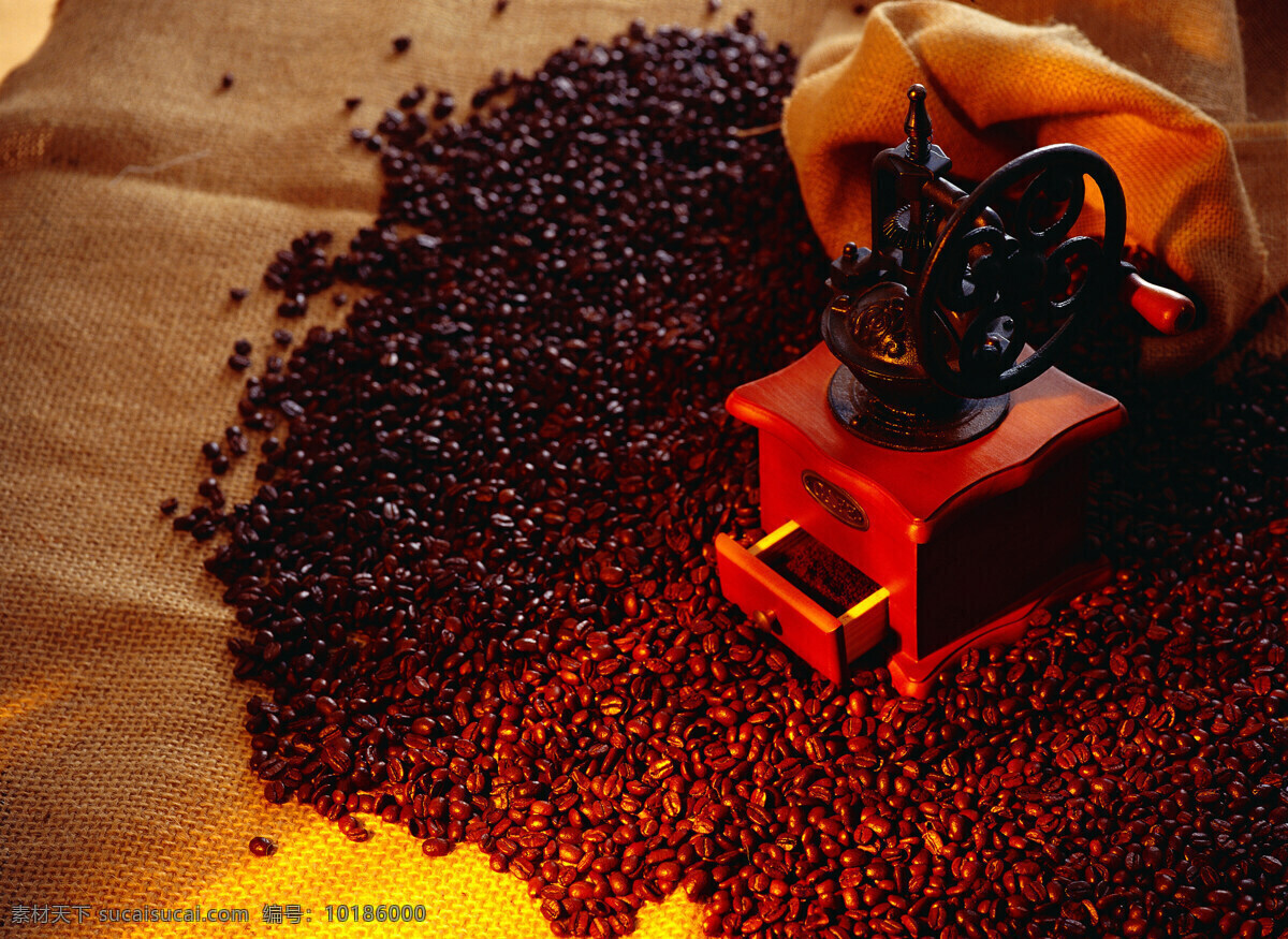 咖啡豆 搅拌机 一堆咖啡豆 颗粒 果实 饱满 许多 很多 搅拌 打碎 coffee 麻袋 铺垫 高清图片 咖啡图片 餐饮美食