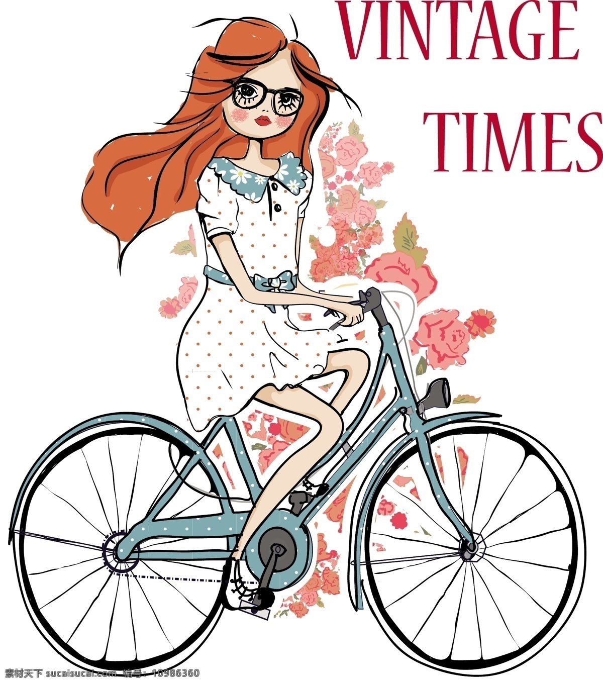 手绘 卡通 骑 自行车 女生 插画 可爱 玫瑰 人物