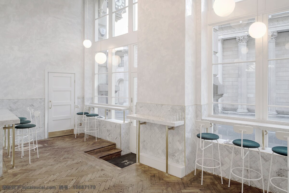 简约 咖啡厅 木地板 装修 效果图 白色灯光 壁灯 窗户 方形吊顶 灰色墙壁