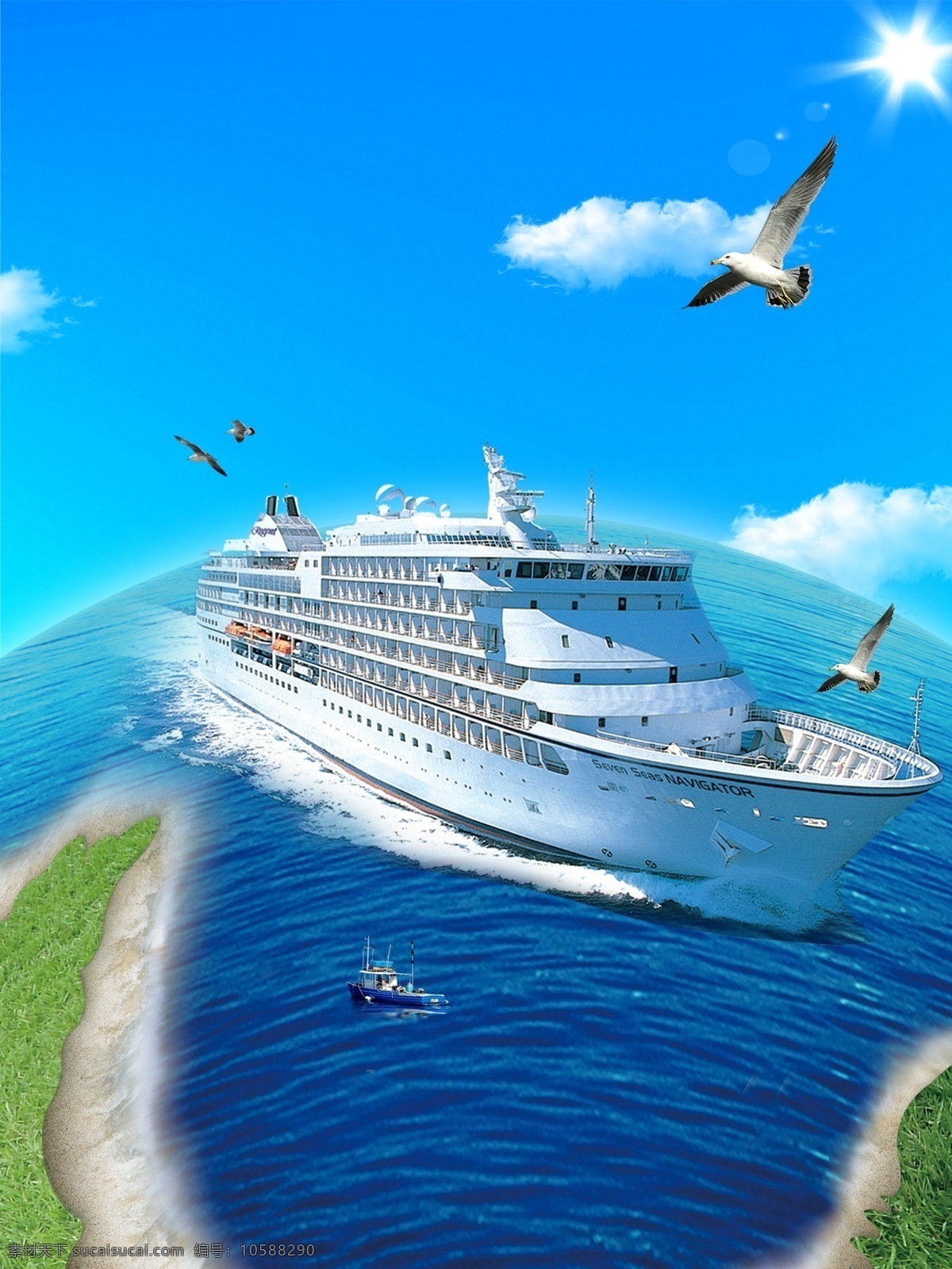 旅游海报 宣传单 海景 轮船 海鸥 蓝天白云 海景素材 海天相接 绿草地