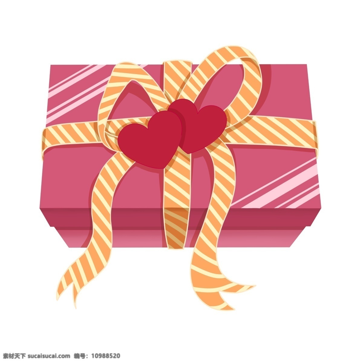 手绘 情人节 礼盒 插画 情人节礼物 卡通插画 黄色的蝴蝶结 粉色的礼盒 红色的双心