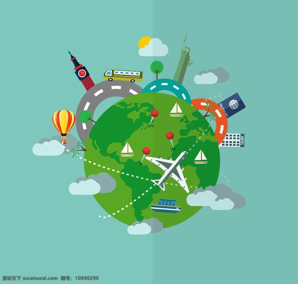 环游世界插画 环游世界 世界插画 插画 商业插画 地球 旅游 景点 飞机