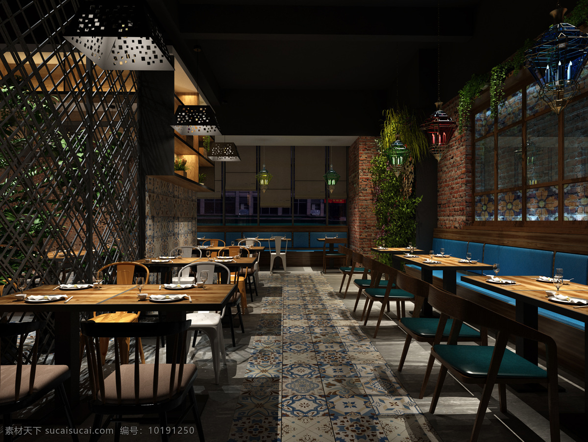 餐厅效果图 餐厅 loft 花砖 砖墙 绿植墙 3d设计 3d作品