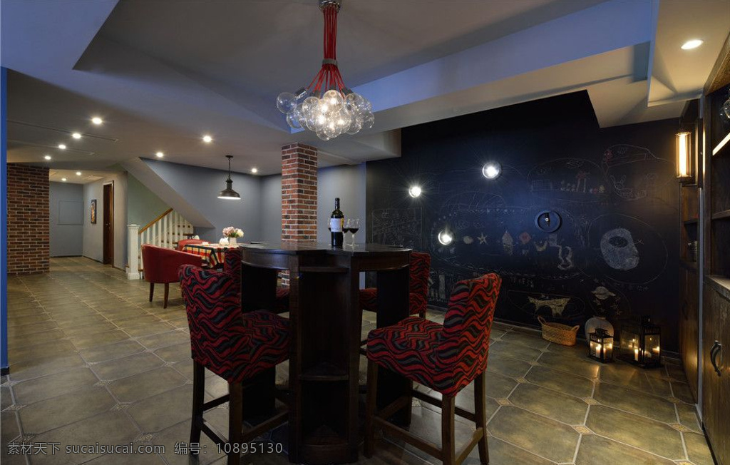简约 餐厅 个性 吊灯 装修 效果图 壁画 长方形餐桌 窗户 灰色地板砖 木质墙壁 桌椅