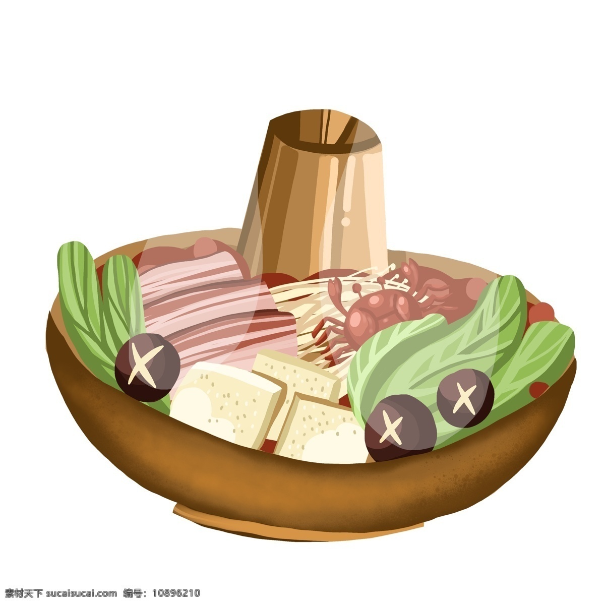 彩绘 一个 美味 火锅 插画 商用 元素 卡通 美食 手绘 香菇 豆腐 生菜 铜炉