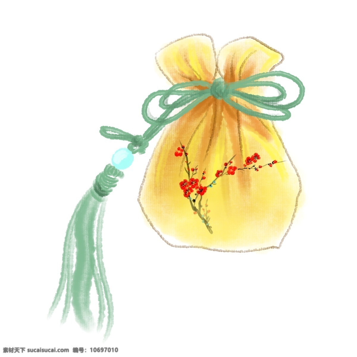 手绘 黄色 钱袋 插画 手绘钱袋 黄色钱袋 红色的梅花 绿色的绳子 印梅花的钱袋 水墨钱袋插画 扎着口的钱袋
