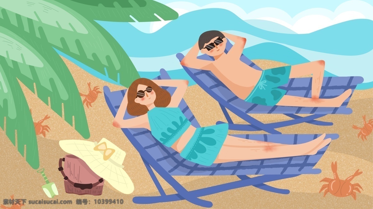 十 国庆 沙滩 上 度假 情侣 海边 壁纸 插画 原创 十一 放假
